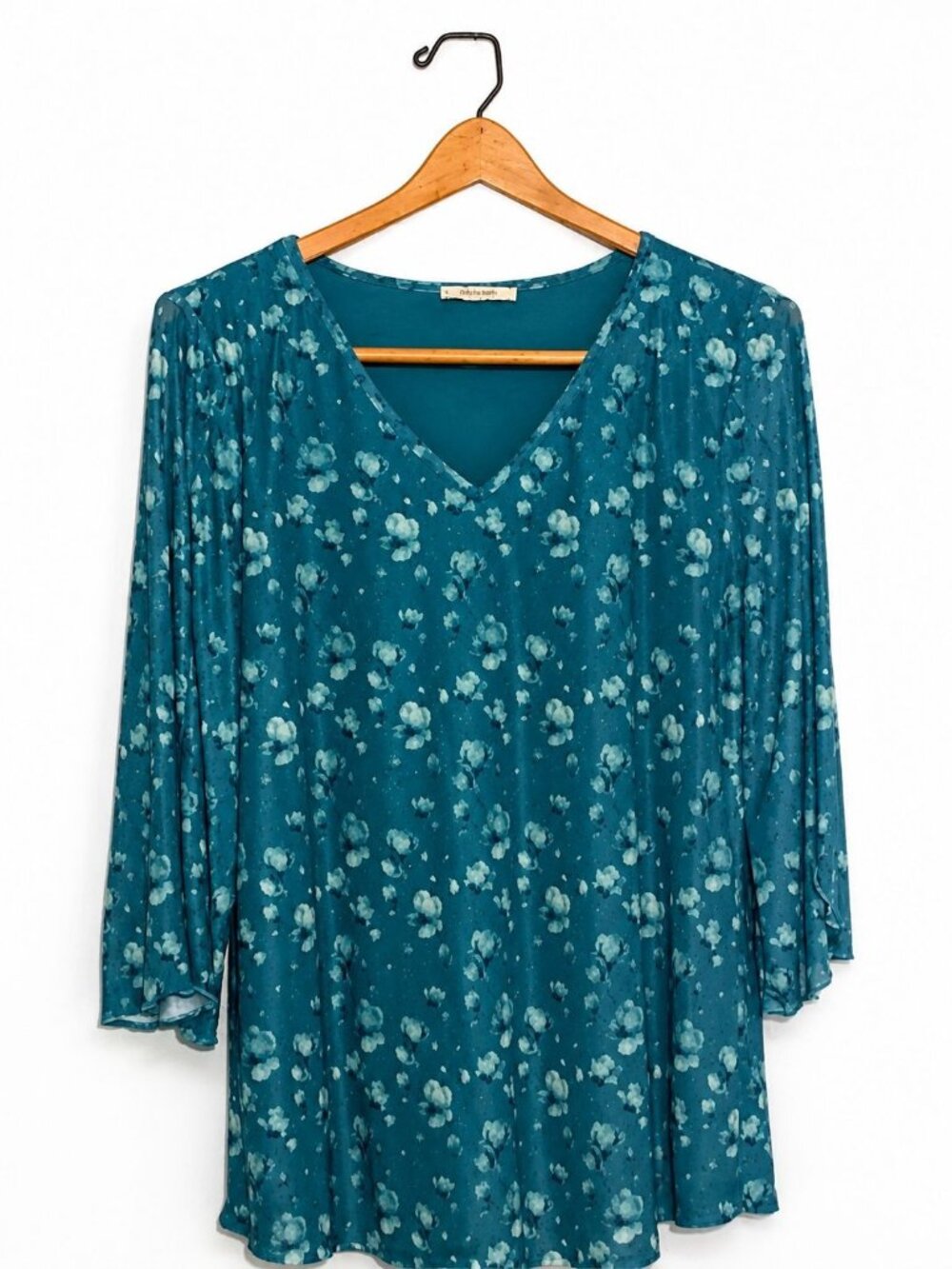 Bebonnie Women's Teal Floral Blouse L V Neck Flowy Bell Sleeve Boho Tunic Top